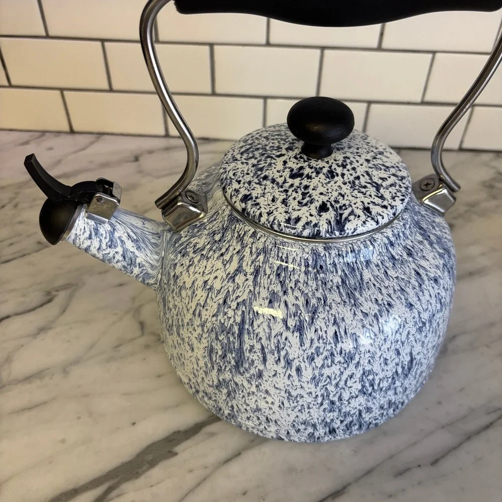 Chantal Vintage Series Whistling Enamel On Steel Splatter Blue Tea Kettle 1.7qt